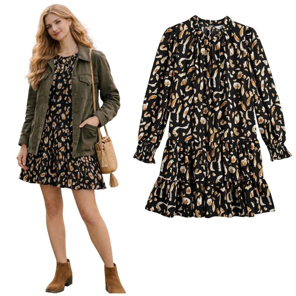 Nine West Long-Sleeve Tiered Babydoll Mini Dress Geo‎ Animal Boho Chic Sz XL NEW
